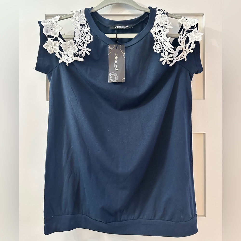 Navy Blue Cold Shoulder Top with White Lace Accents